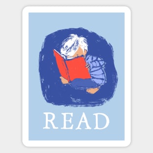 Boy Reading in Blue Magnet